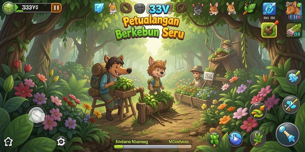 Tampilan gameplay 333V dengan kebun yang rimbun dan penuh warna.