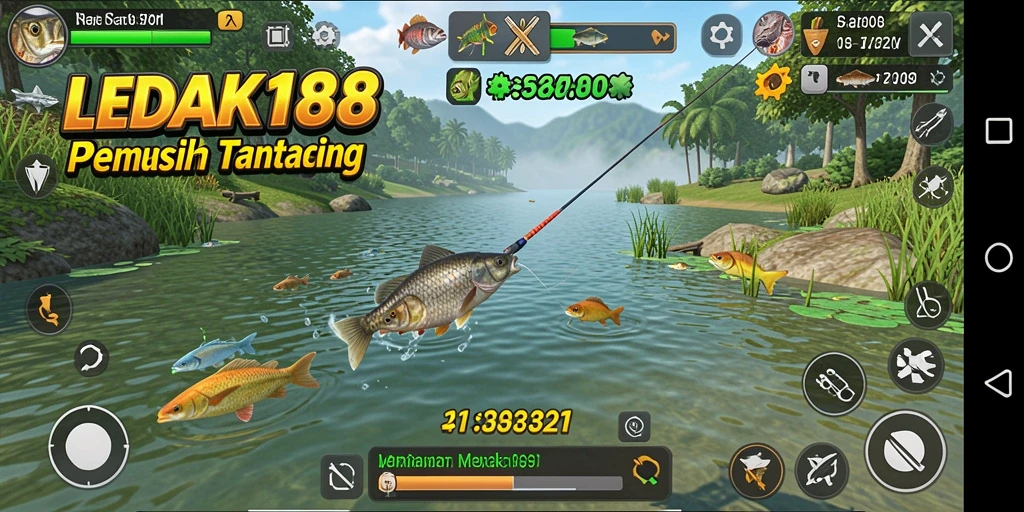Tampilan gameplay LEDAK188 dengan aktiviti memancing yang menyenangkan.
